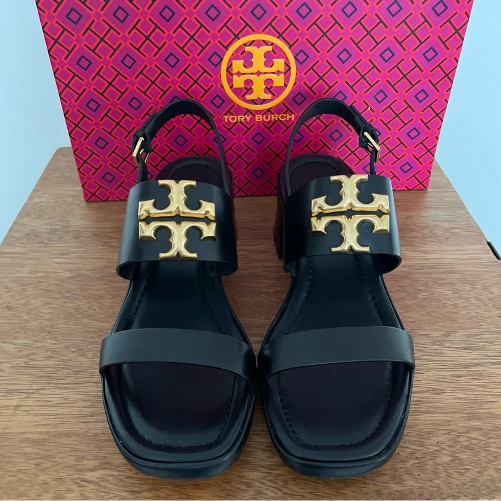 Brand New 💜 Tory Burch Black and Gold Block Heel Sandals - Picture 10 of 13